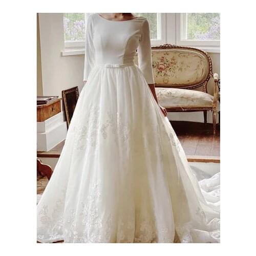 Lace Wedding Dresses for Bride 3/4 Long Sleeves O Neck V Back Bridal Gowns vestido de noiva robe de soirée de mariage