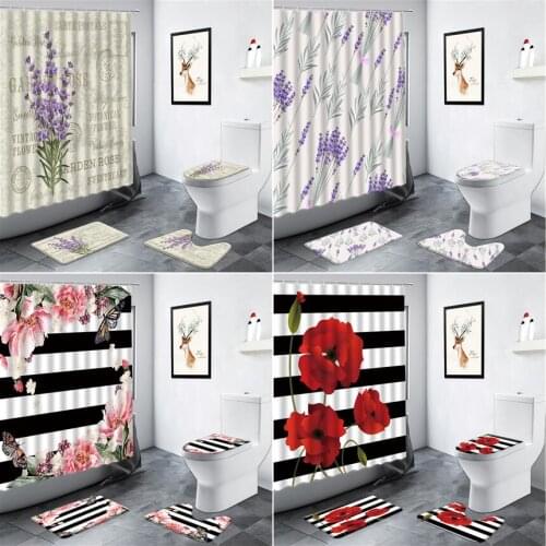 Purple Lavender Peony Floral Shower Curtain Set Flower Butterfly Black White Striped Non-slip Rug Toilet Bath Mat Bathroom Decor