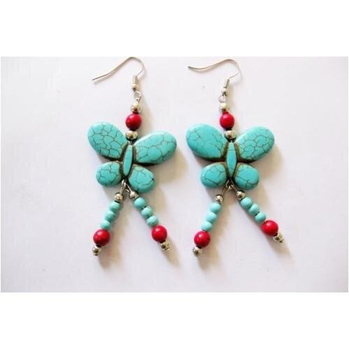 New Classic Favorite Pearl Store Cute Butterfly Turquoise Red Coral S925 Silver Dangle Earrings Handmade Chian Fine Jewelry