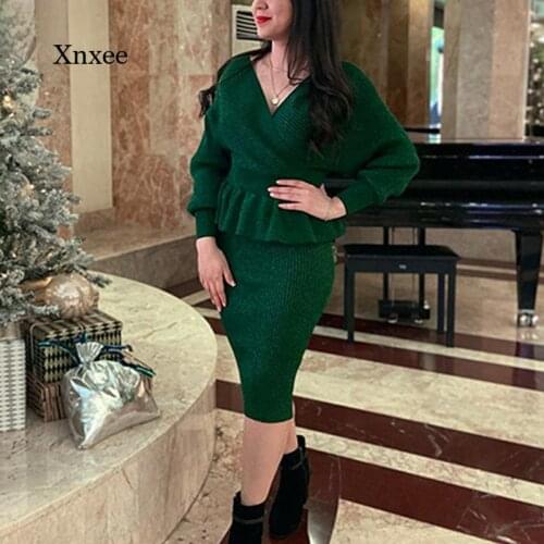 Autumn Womens Bright Knit Skirt Suit Solid Color Ruffled Long-Sleeved Fashion Warm Sweater Two-Piece Knitted Womens