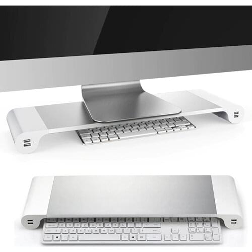 Besegad Aluminum Alloy Monitor Stand Space Bar Dock Desk Riser with 4 USB Ports for iMac MacBook Computer Laptop Below 20Inch