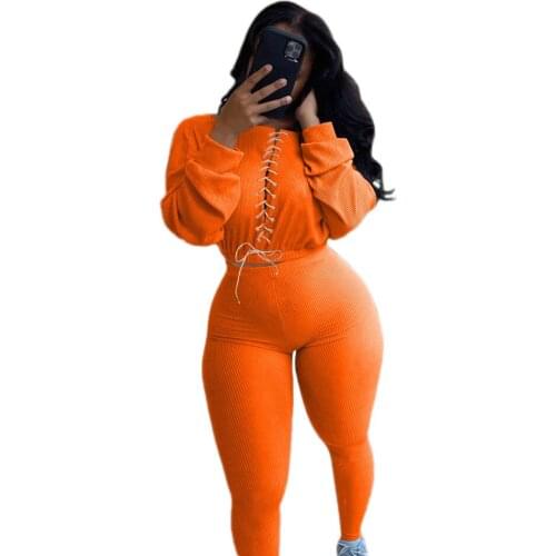 Casual Women Two Piece Set Jogger Pants Cross Bandage Sweater +Long Pants Tracksuits Suit Sportsuit Outfits Solid Color Suit