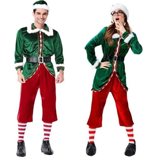 Deluxe Green Elf Christmas Tree Costume Women Man Velvet Santa Claus XMAS Outfit