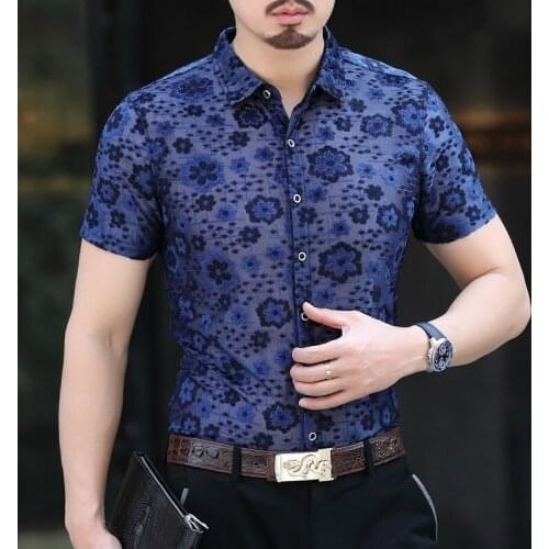 Shirt Fashion Floral Transparent Short Sleeve Camisa Hombre Streetwear Velvet Shirt Camicia Uomo Camisa Social Man Shirt