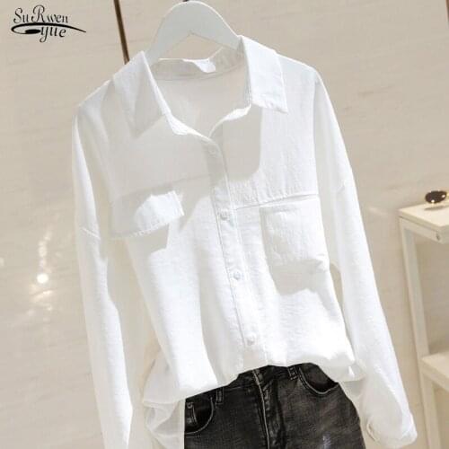 Korean Style Long-Sleeve Shirts Women Cotton Casual White Blouse for Women Solid Vintage Cardigan Women Tops Clothes 8892 50