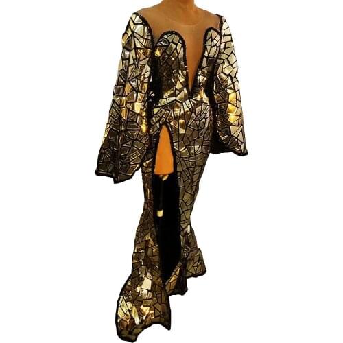 Long Sleeve Gold Mirror Perspective Gauze Split Dress Asymmetrical Floor-Length Women Dress DJ Singer Dance Stage Wear