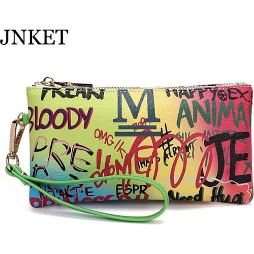 JNKET New Women Graffiti Clutch Bag PU Leather Clutch Handbag Zipper Clutch Long Wallet Letter Wallet Detachable Wristlet
