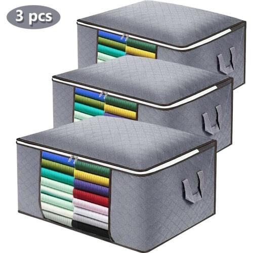 3pcs 84L Large Capacity Clothes Quilt Blanket Storage Bags Organizer Foldable Zipper Grey Home Garden Organizer Storage Bags