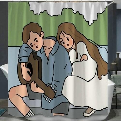 Sweet Couple Illustration Shower Curtain Set with 12 Hooks Bathroom Decoration Waterproof Polyester