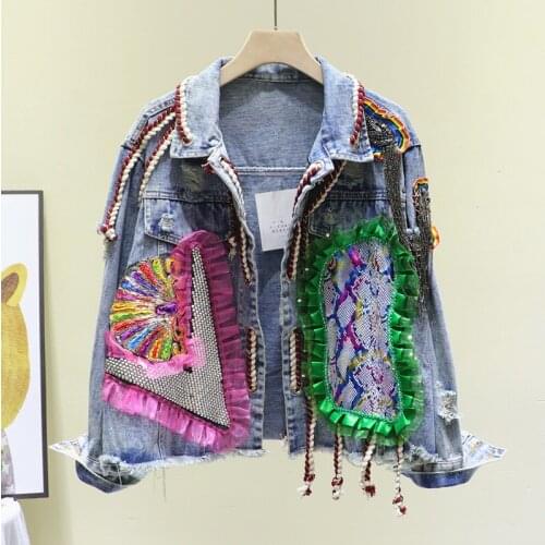 2021 Spring Autumn Women New Blue Heavy Industry Beaded Chain Diamond Mesh Hole Contrast Color Jeans Jacket Harajuku Jean Jacket