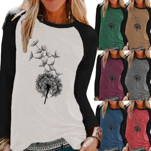 Ladies Autumn Fashion Casual Dandelion Print Long Sleeve Shirt Top Round Neck Loose T-shirt Women Pullover Sweatshirt Oversized