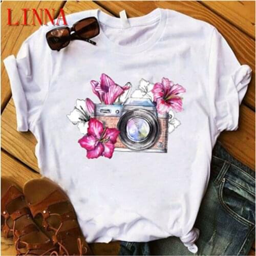 LINNA Vintage camera ladies graphic summer clothes t-shirt tops ladies red dress printed clothing t-shirt ladies t-shirt