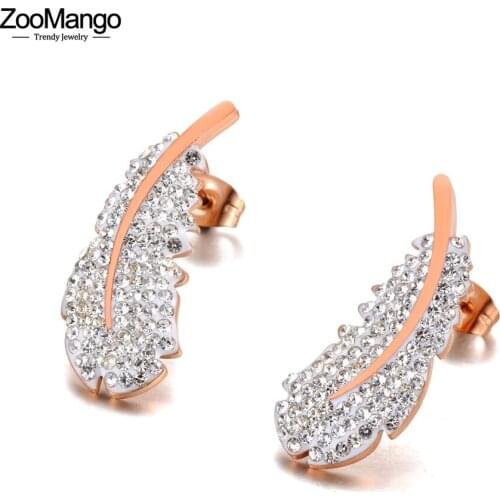 ZooMango Vintage Feather Stainless Steel Stud Earrings Rose Gold Handmade Clay White Crystals Ear Jewelry For Women ZE20161