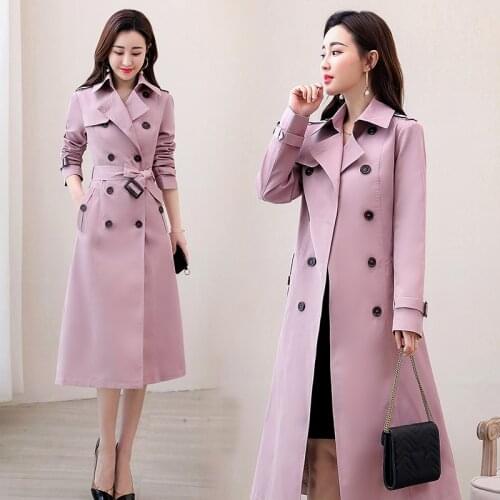 Women Long Trench coat 2020 Spring Autumn New Slim Fashion Double Breasted Belt Casual Plus size Outerwear Womens Windbreakers