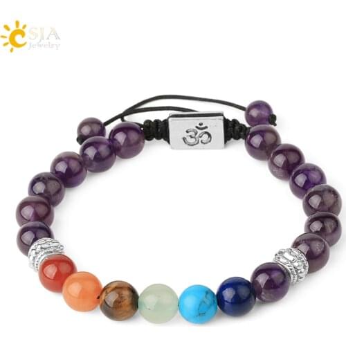 CSJA 7 Chakra Natural Stones Braided Bracelets Reiki Balance Yoga 3D OM Symbol Adjustable Charms Strand Bracelet for Women G186