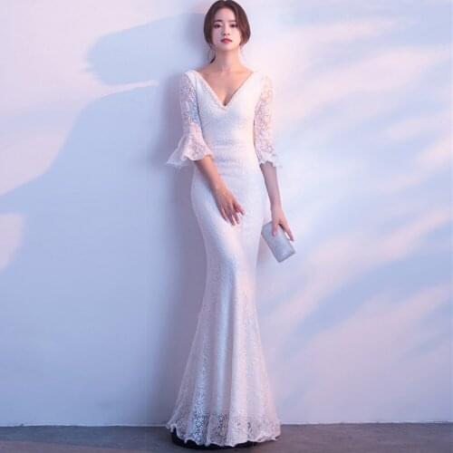 Corzzet Sexy White Floral Lace V-Neck Flare Sleeve Backless Mermaid Long Dress Bodycon Elegant Evening Party Maxi Dresses Woman