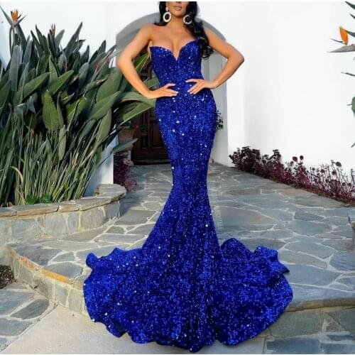 Sexy Long Sequin Royal Blue Prom Dresses Mermaid Corset Back Sleeveless Abendkleider Robes de Soirée for Women