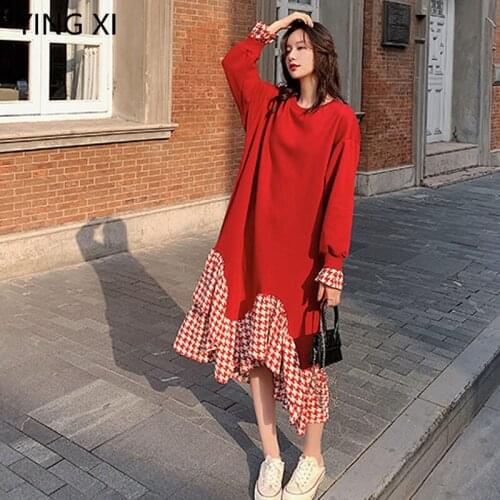 YING XI 2020 Spring O-Neck Long Sleeve Qianniaoge Sweater Patchwork Dress Red And Black Relaxed Fit Long Dress