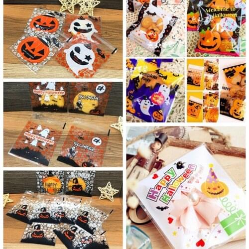 100Pcs 10X10+3cm Happy Halloween Cookie Candy bread packaging bags self-adhesive plastic bags for biscuits snack baking packages