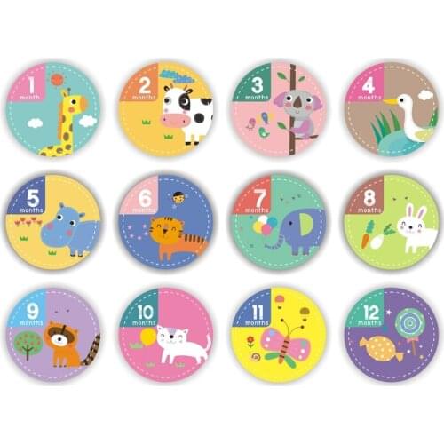 12 Pcs/Set Baby Pregnant Monthly Stickers Cartoon Animal Pattern Memory Recording Milestone Sticker Photography Props