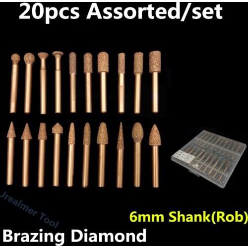 20PCS/set 100/46 Grit Brazed Diamond Grinding Head 6mm Sharpening Polishing For Stone Carving Jade Carving Grinding Tool