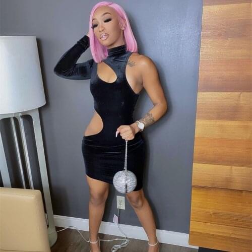 Velvet Sexy Ruched Front Mini Dresses One Sleeve High Waist Dress Female Hollow Out Cut Club Wear Dress