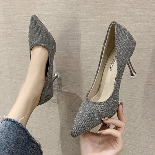 Big Size 34-42 Sexy High Heels Women Sequined Cloth Pumps Wedding Shoes Pointed Toe Boat Shoes Thin Heels Dress Shoes 8cm 8654L
