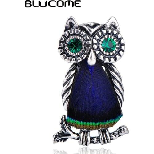 Blucome New Arrival Vintage Green Eyes Owl Shape Brooch Pin Plume Animal Jewelry For Children Men Women Suit Corsage Accessories