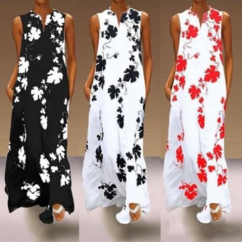 Sleeveless V Neck Printed Long Elegant Party Dress Women Bohemian Casual Beach Sundress Plus Size