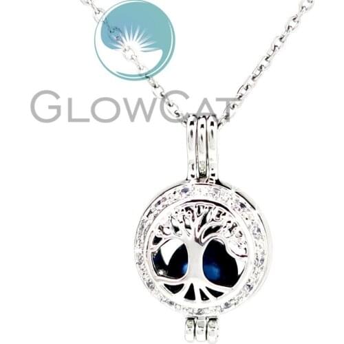 KK1075 Rhinestone Tree of Life Beads Cage Locket Pendant Perfume Diffuser Pearl Cage Necklace