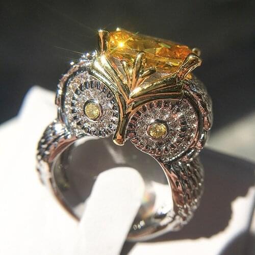 Fashion Yellow Crystal Citrine Gemstones Diamonds Unique Owl Rings for Women White Gold Silver Color Jewelry Trendy Accessories
