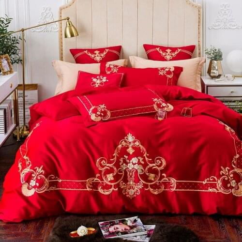 4/6/7 Pieces Wedding red Bedding Set Golden Embroidery/satin Bed Set household Bed linen Queen King size Bed High-grade Bedding
