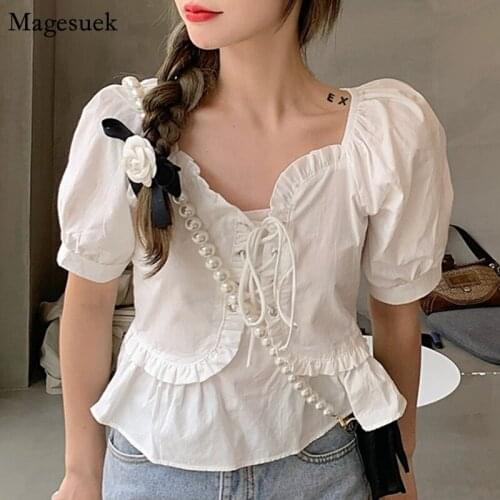 Korean Chic Ruffles Lace Up White Shirt Women Short Sleeve Summer Blouse Vintage Square Collar Loose Plus Size Tops Blusas 14523
