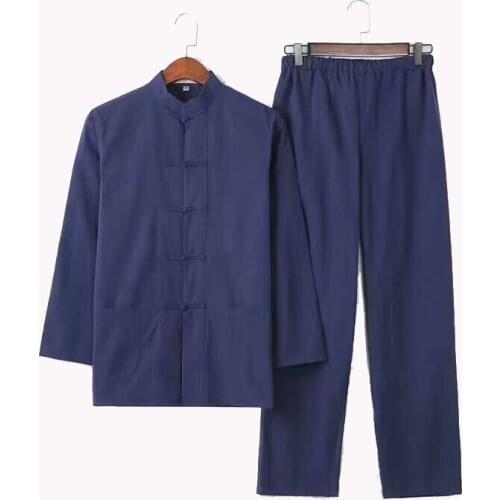 Mens Solid Kung Fu Suit Chinese Traditional Male 100% Cotton Loose Wu Shu Tai Chi Sets Jacket+Long Pants Casual Sleep Set 2PCS