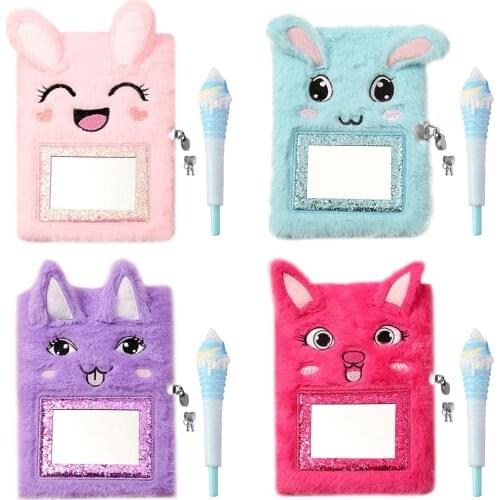 Cute Cartoon Plush Diary Journal Notebook Notepad with Lock & Gel Pen for Birthday Christmas Back to School Gift A5 Size Blue