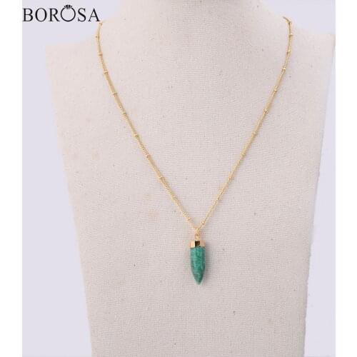 Fashion Gold Natural Stones Amazonite Necklace for Women 17'' Bullet Shape Gems Stone Pendant Necklace Jewelry Gifts HD0346