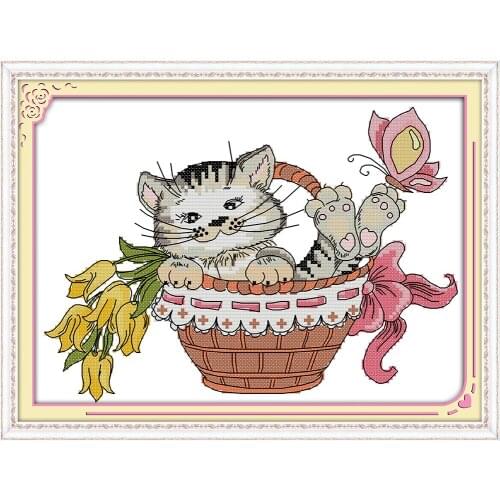 The cat in the basket cross stitch kit cartoon animal pattern count print canvas stitches embroidery DIY handmade needlework