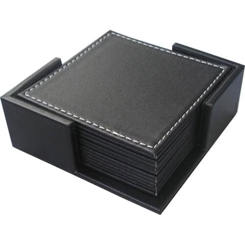 Set of 6PCS Durable Square Cup Coaster Set PU Leather Tea Cup Pad Mat Cushion Drinks Bowl Holder Home Tableware Round Placemats