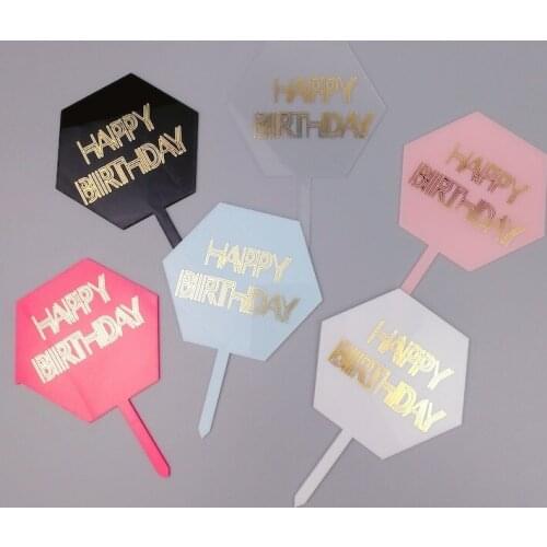 New Hexagon Acrylic Birthday Cake Topper Gold Happy Birthday Cake Topper for Kids Birthday Party Cake Decorations Baby Shower