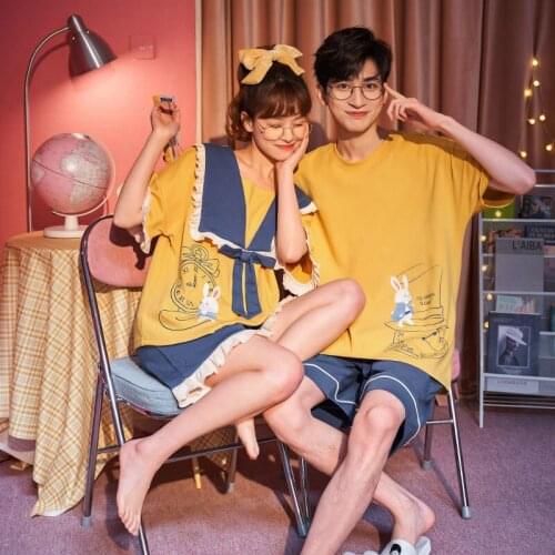 Couple Pajamas Summer Bunny Print Navy Collar Sleepwear Short Sleeve Thin Nightwear Homesuit for Women Lovers Pajama Men Casual