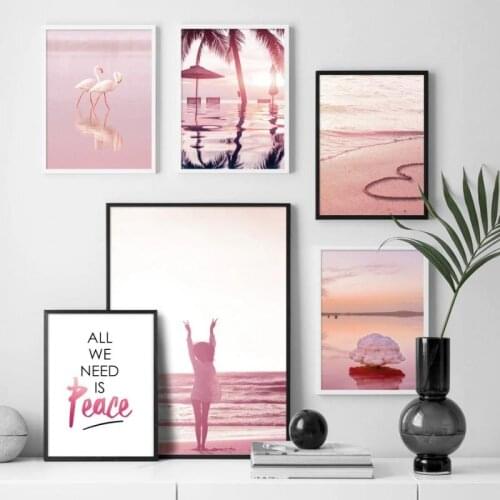 Landscape Painting Wall Art Pink Animal Bird Seascape Sunset Beautiful Poster Home Decoration Canvas Painting for Bedroom