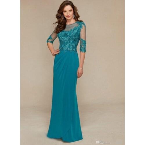 2020 Elegant Mother Of the Bride Dresses 3/4 Long Sleeve Lace Beaded Wedding Guest Gowns Floor Length Chiffon Evening Dress