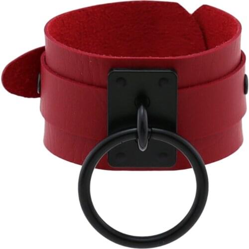 Retro punk fashion trend wide leather cosplay wrist bracelet personality black ring O bracelets