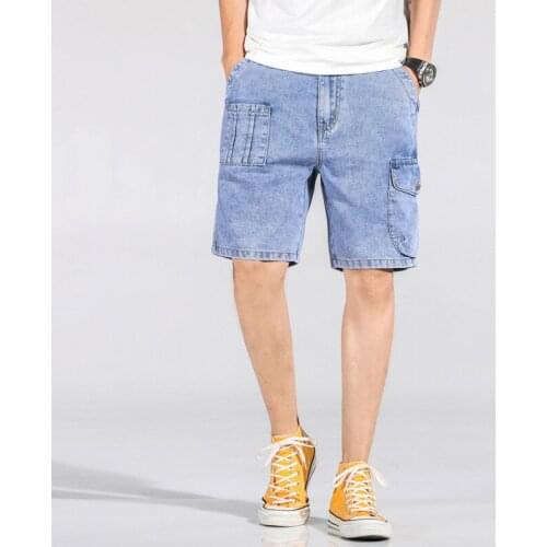 Elastic Waist Knee Length Casual Short Loose Denim Cargo Shorts Men Streetwear Mens Shorts 2020 Summer Plus Size