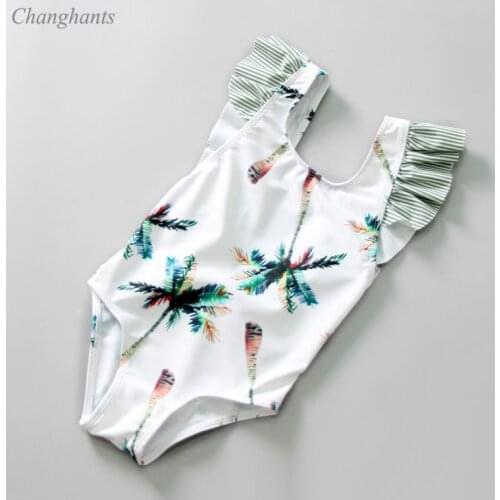 New 1-6 Y Baby Girls One Piece Swimsuit Children Bathing Suit with Coconut Trees Pattern Kids Swimwear Sandy Beach Wear