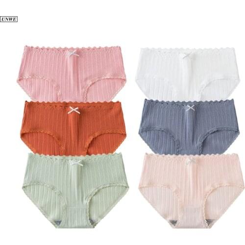 Japanese Womens Solid Striped Underwear Pure Cotton Low Waist Breathable Large Size Briefs Female Bow Lingerie