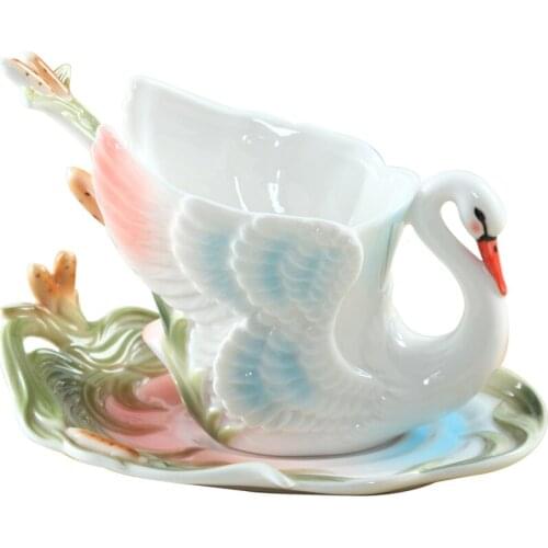 High-grade White Swan Animal Enamel coffee Mug And Dish Creative Handmade Porcelain Drink Tea Milk Mug And Saucer Spoon Set