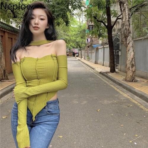 Neploe Off Shoulder T Shirt Women Long Sleeve Backless Irregular Tops Sexy Lady Korean Fashion Tees Slash Neck Slim Shirts 4j201
