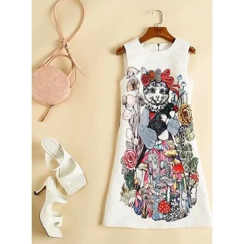 Womens European and American clothing 2021 summer new style Sleeveless sequined Fashionable cat print jacquard dresses