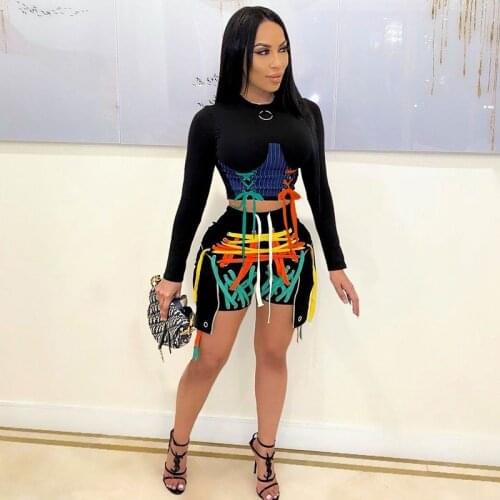 Casual Women Lace Up 2 Piece Set Autumn Long Sleeve Patchwork Crop Top And Over Strings Biker Shorts Sexy Matching Tracksuit XXL